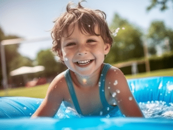 jeune enfant en train de se baigner dans sa piscine gonflable bleue qui éclabousse l'eau autour de lui