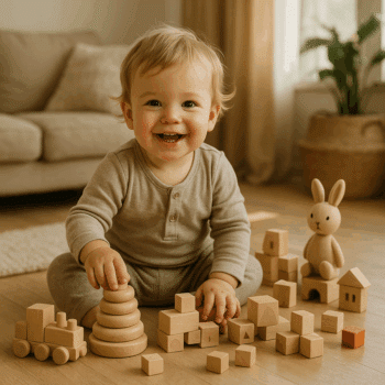 enfant de 12 mois jouant et empilant des cubes en bois.
