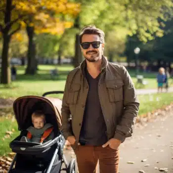 Un père affichant sa sérénité de papa trentenaire au parc avec son enfant durant une ballade.