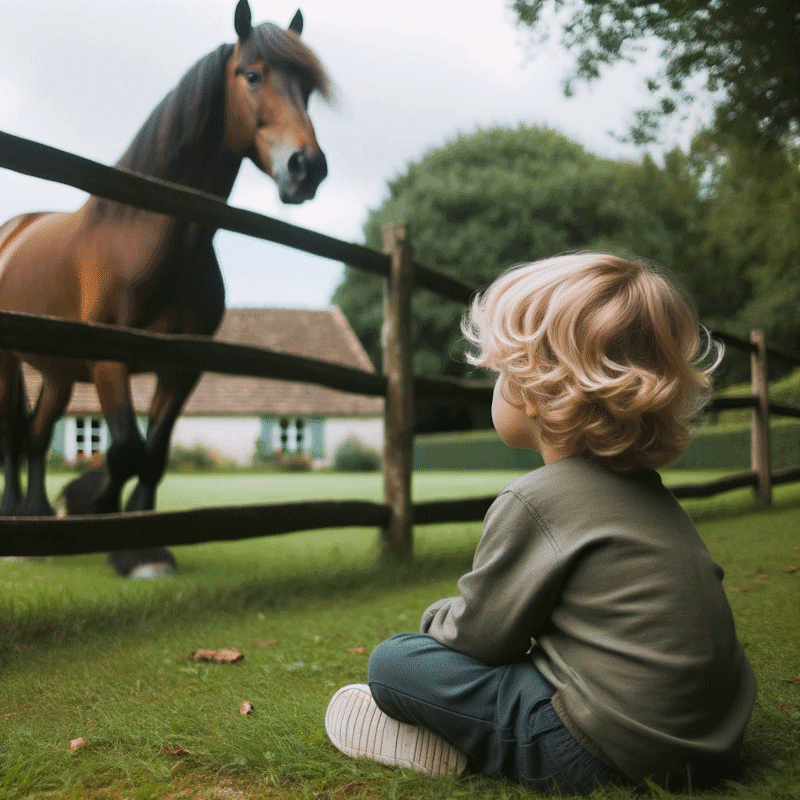 Photo dun jeune enfant assis sur lherbe verte regardant avec fascination un cheval brun galopant dans un parc ferme