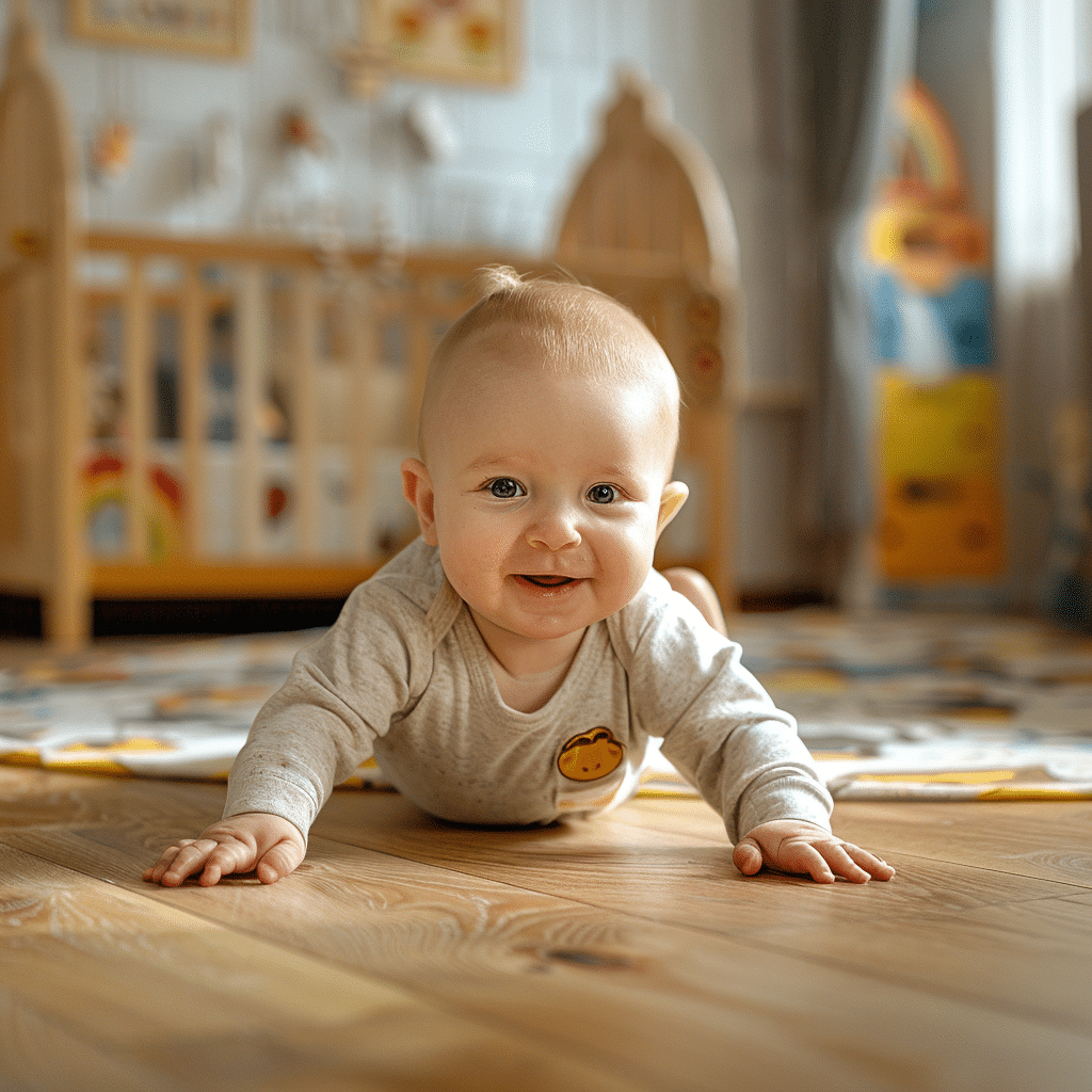 bebe rampant au sol sur le parquet de sa chambre