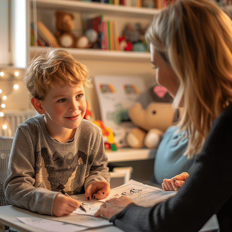 garcon atteint de dysphasie travaillant chez son orthophoniste