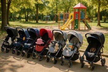 alignement de poussettes dans un parc
