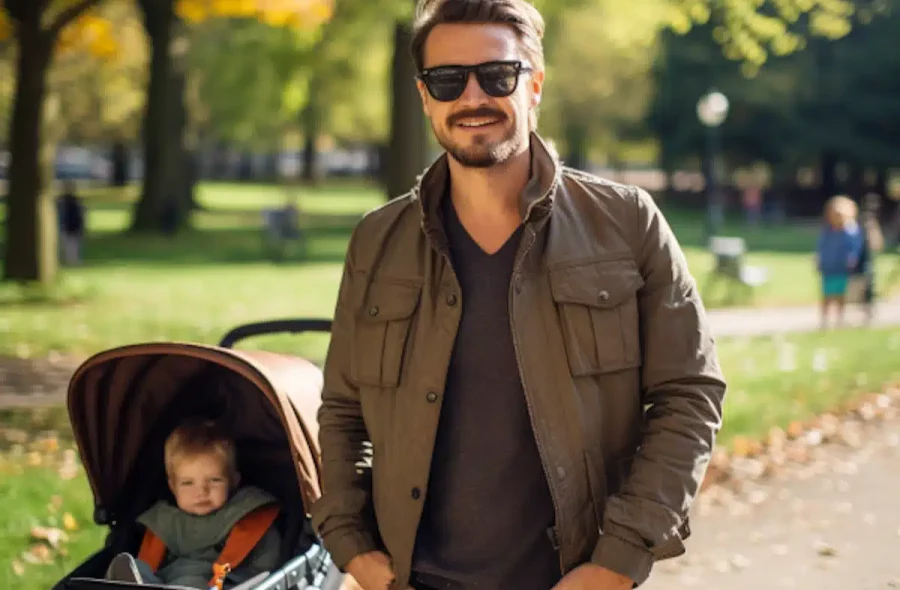 Un père affichant sa sérénité de papa trentenaire au parc avec son enfant durant une ballade.