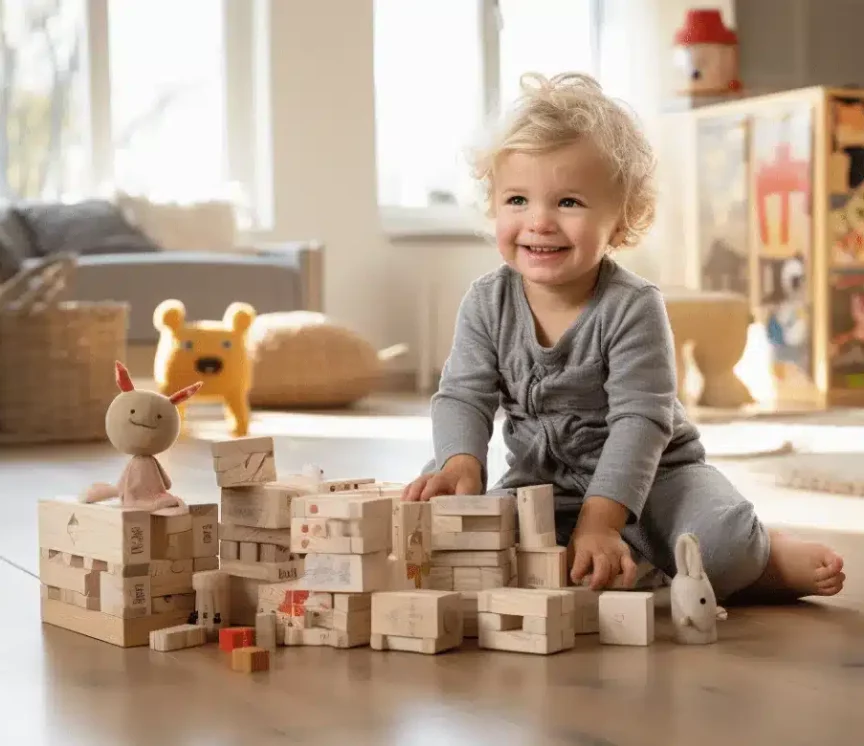 un jeune enfant en train de jouer avec ses cubes en bois, des jouets sûrs et écologiques pour les jeunes enfants