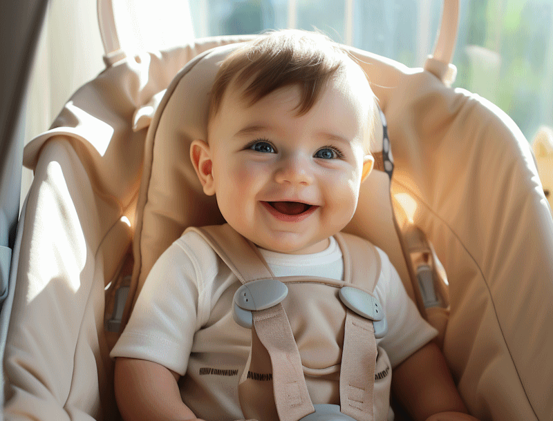 bébé installé dans sa balancelle en train de sourire pour la photo